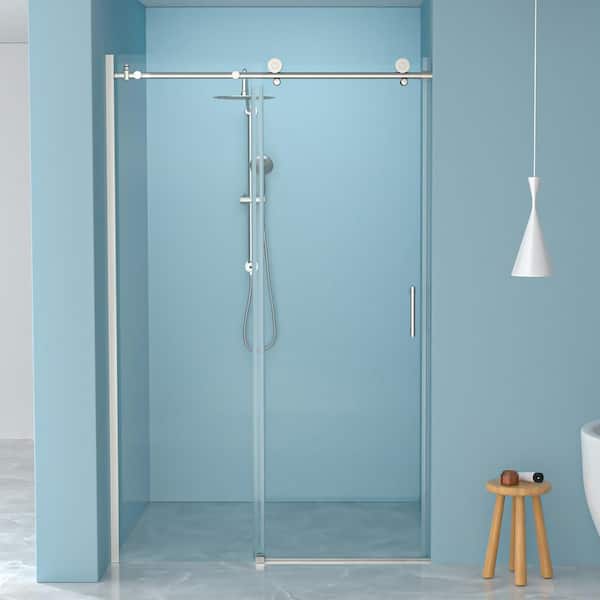 48 in. W x 76 in. H Single Sliding Semi-Frameless Shower Door in Brushed Silver Finish with Clear Glass