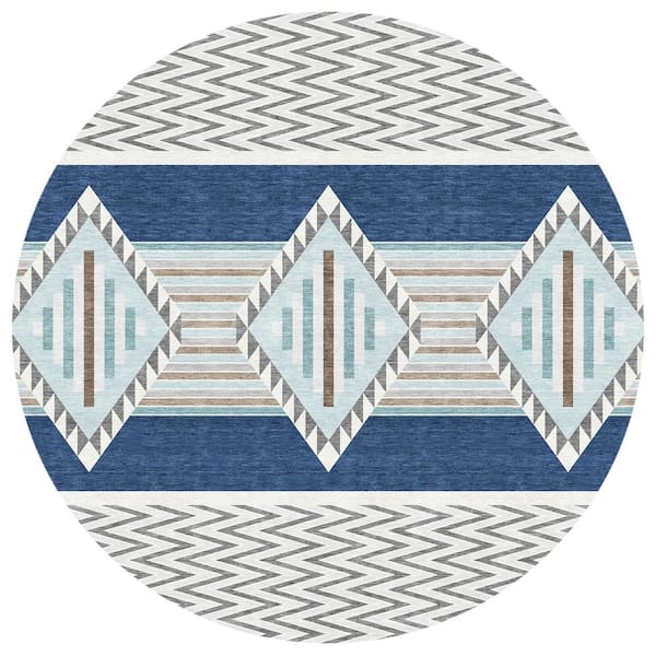 Chantille Machine Washable Indoor/Outdoor Abstract ACN2994 Navy 8 ft. x 8 ft. Round Rug
