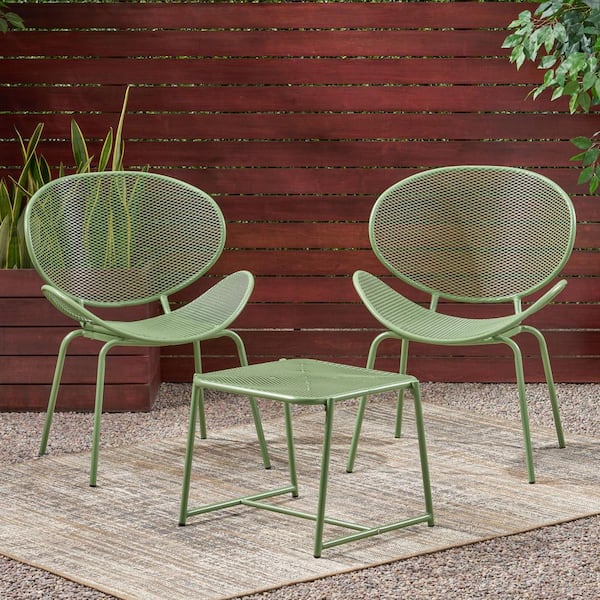 Noble House Elloree Matte Green 3-Piece Metal Outdoor Patio Conversation Seating Set