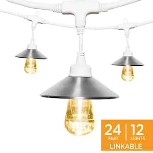 12 Bulbs 24 ft. Indoor Outdoor Plug-in Integrated LED String Lights, Stainless Steel Shades, Acrylic Edison Bulbs