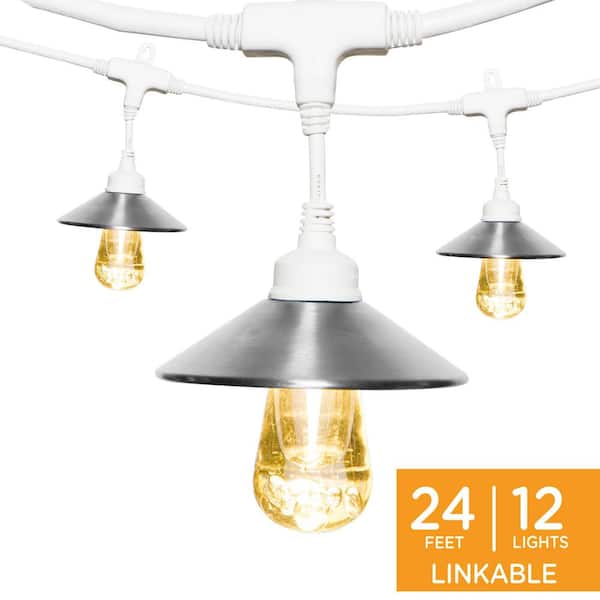 Enbrighten 12 Bulbs 24 ft. Indoor Outdoor Plug-in Integrated LED String Lights, Stainless Steel Shades, Acrylic Edison Bulbs