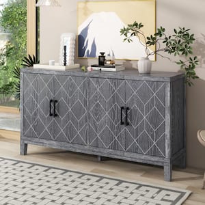 Light Gray 4-door Wood 60 in. Retro Sideboard with Black Metal Handle, Adjustable Shelves and Solid Wood Legs