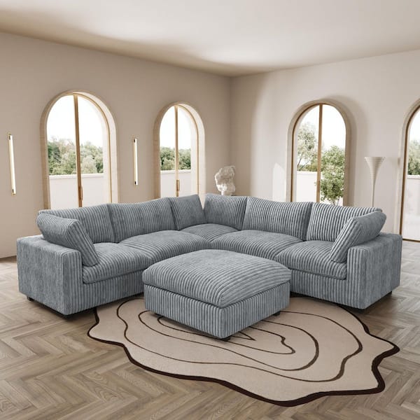118 in. Rabbit Plush Fabric Square Arm 6-Piece Modular Free Combination Sectional Sofa in. Gray