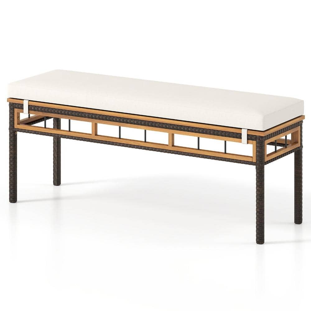 48 in. Acacia Wood and PE Rattan Backless Outdoor Bench with Cushion, White price history on PriceWatchPro