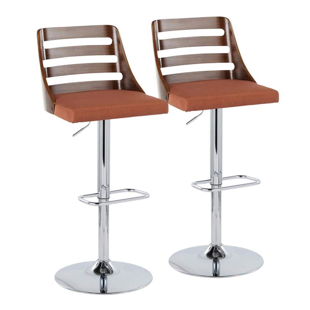 Adjustable Orange Upholstered Swivel Barstool with Wood Backrest