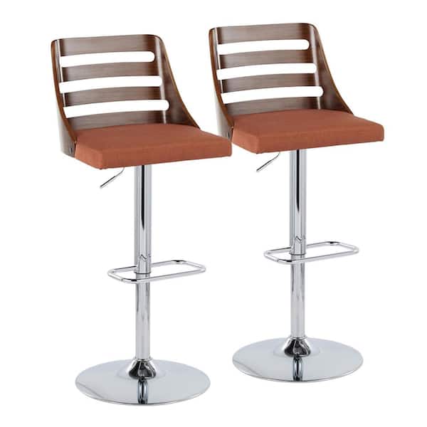 Lumisource Trevi 33.25 in. Orange Fabric, Walnut Wood and Chrome Metal Adjustable Bar Stool (Set of 2)