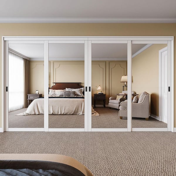 ARK DESIGN 144 in. x 80 in. 1 Lite Mirror Glass White Finished Interior Closet Bypass Sliding Door with Hardware
