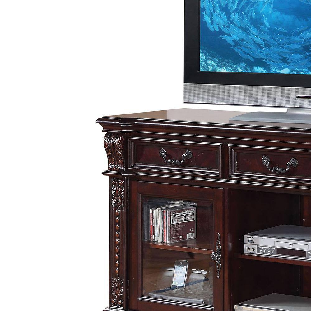 Cherry Finish Elegance 66" Wooden TV Stand with Glass Doors