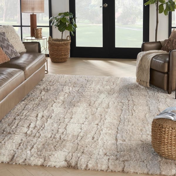 Luxurious Shag Ivory Beige 7 ft. x 9 ft. Abstract Contemporary Area Rug