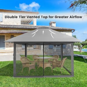 13 ft. x 13 ft. Grey Pop-Up Instant Canopy Tent Mesh Sidewall UV50 Plus Adjust Outdoor Patio