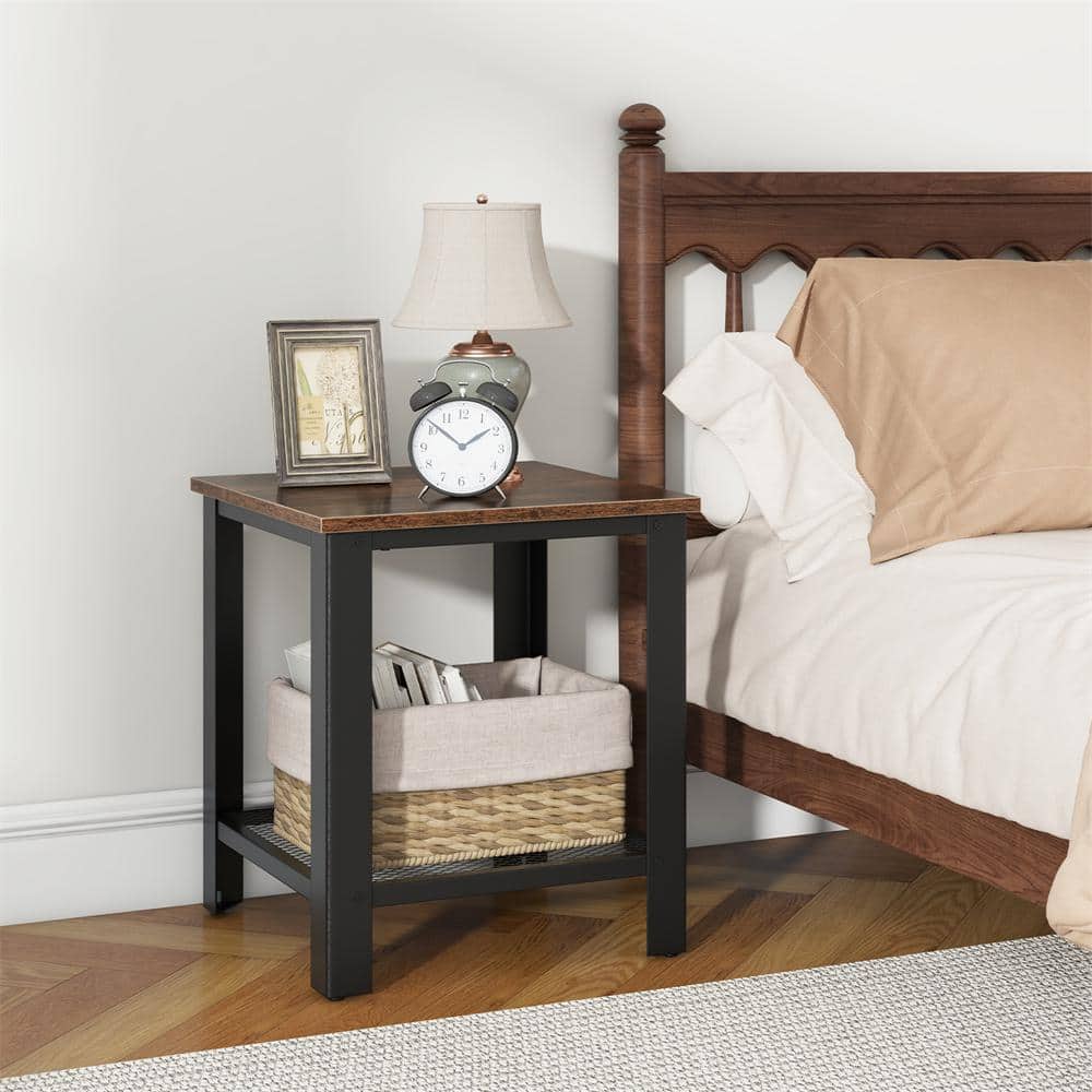 Industrial Black Metal and Wood 2-Tier End Table