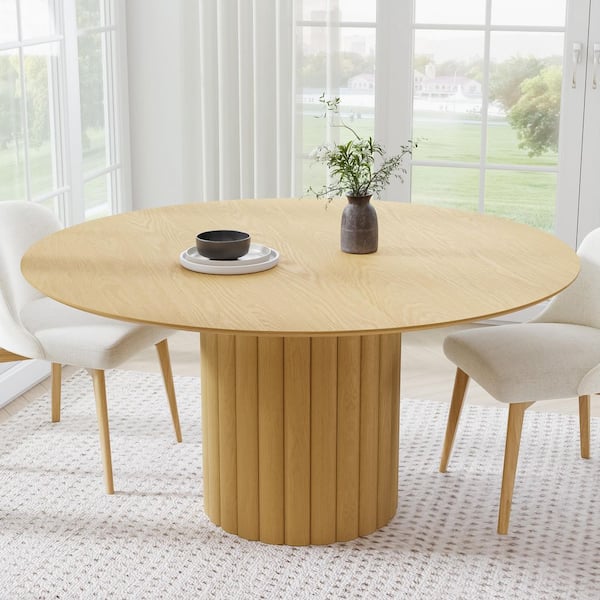 Round Oak Wood 60 in. Column Base Dining Table Seats 8