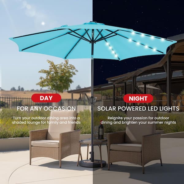 10ft solar led lighted patio umbrella w tilt adjustment fade-resistance FIRNEWST 10ft Solar Polyester 32 LED Lighted Patio Umbrella with Tilt  Adjustment and UV-Resistant Fabric in Blue HD-UBL-DZ10FT-BU