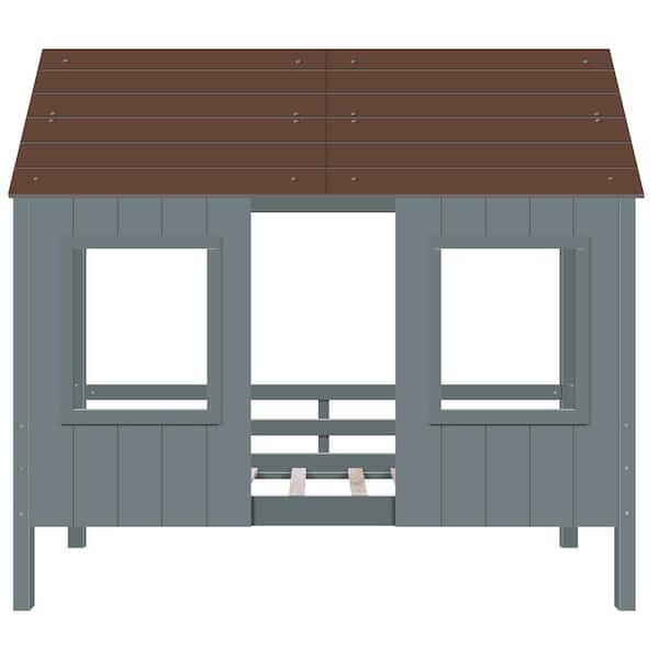 ATHMILE Gray Twin Size Low Loft Wood House Bed with 2-Front Windows