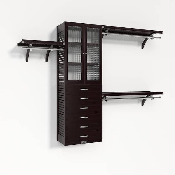 72 in. W-120 in. W Espresso Walk in with 6 Drawers and Glass Door 16 in. -Shelf Wood Closet System