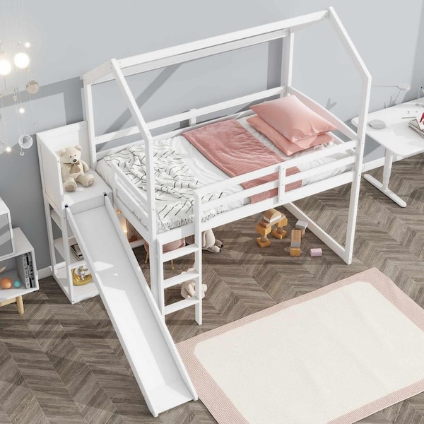 Twin Size Wood House Loft bed with Slide, Storage shelves and Light, White