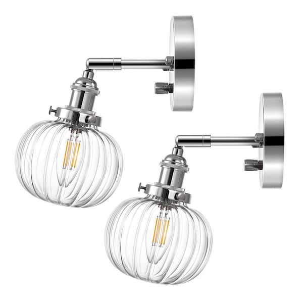 WINGBO 1-Light Nickel Wall Sconces Glass Wall Lamp Lighting Fixtures with Pumpkin Shade (2-Pack)