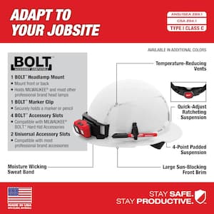 BOLT White Type 1 Class C Full Brim Vented Hard Hat with 4 Point Ratcheting Suspension and BOLT Hard Hat Chin Strap