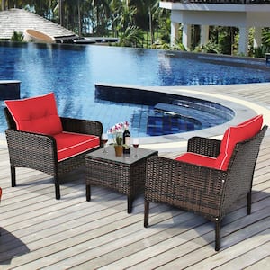 3-Piece Outdoor Wicker Rattan Patio Conversation Set with Red Cushion