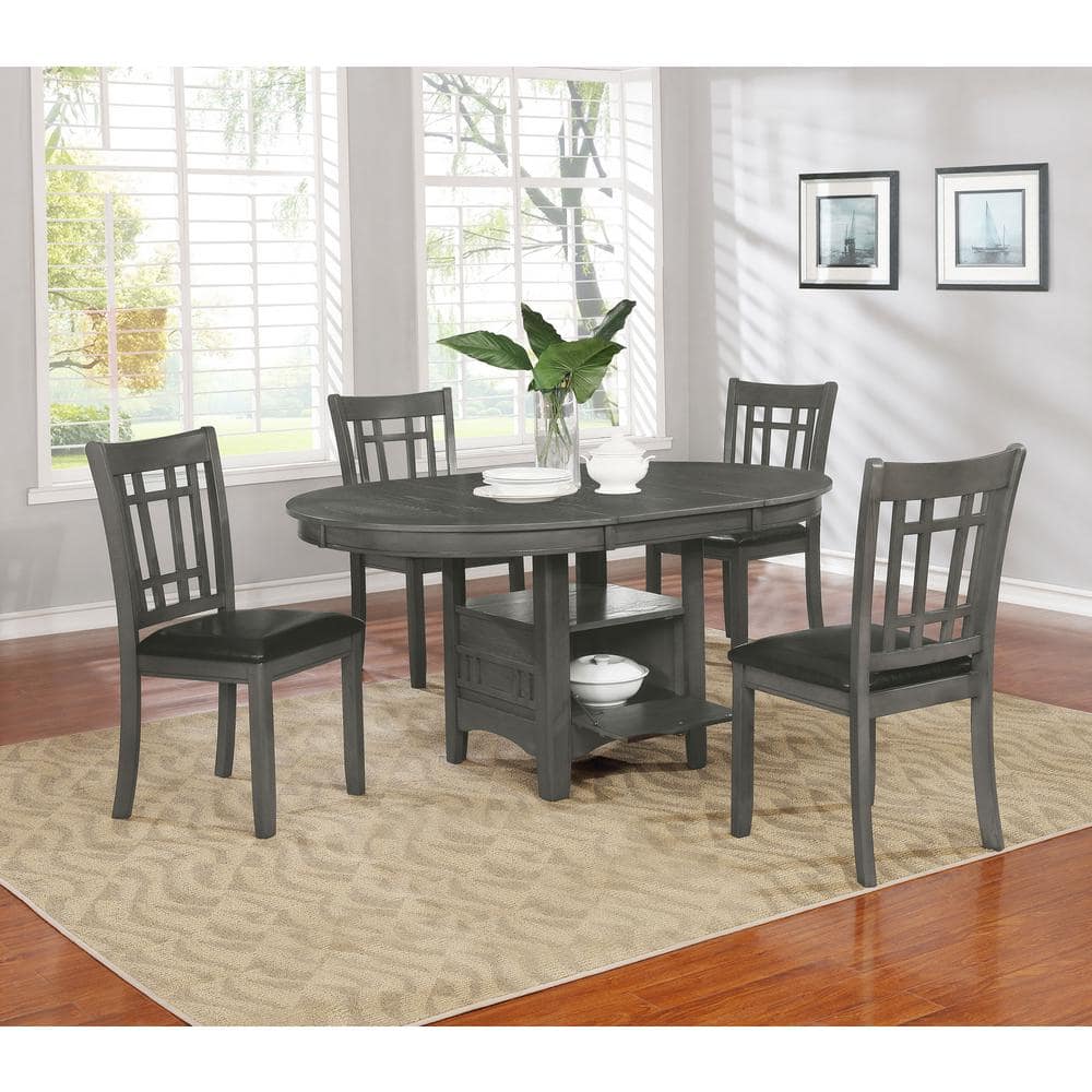 Lavon Medium Gray Oval Dining Set with Black Faux Leather Chairs