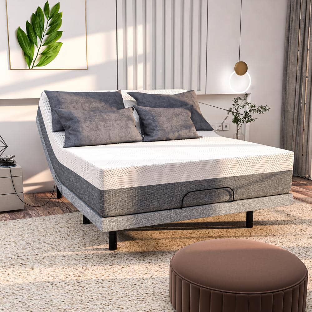 Gray Upholstered Adjustable Full Bed with Hybrid Mattress