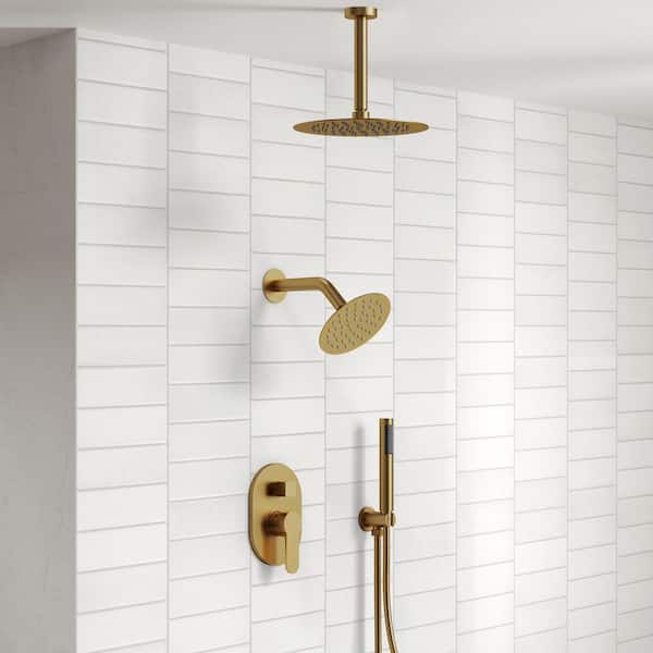 3-Spray Patterns Round Fixed Shower Head 10 and 6 in. with 2.5 GPM Ceiling Mount Dual Shower Heads in Brushed Gold