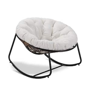 Rattan Rope Dark Gray Frame 40 in. W Metal Outdoor Rocking Chair with White Teddy Cushion