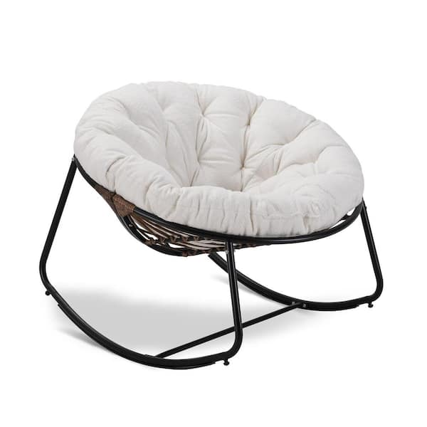 Tenleaf Rattan Rope Dark Gray Frame 40 in. W Metal Outdoor Rocking Chair with White Teddy Cushion