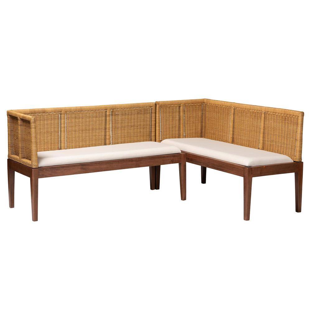Tabanan Brown Rattan and Acacia Wood 2-Piece Corner Dining Nook Set