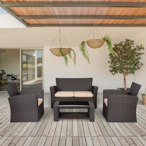 Hudson 4-Piece Chocolate Wicker Outdoor Patio Loveseat and Armchair Conversation Set w/Beige Cushions and Coffee Table