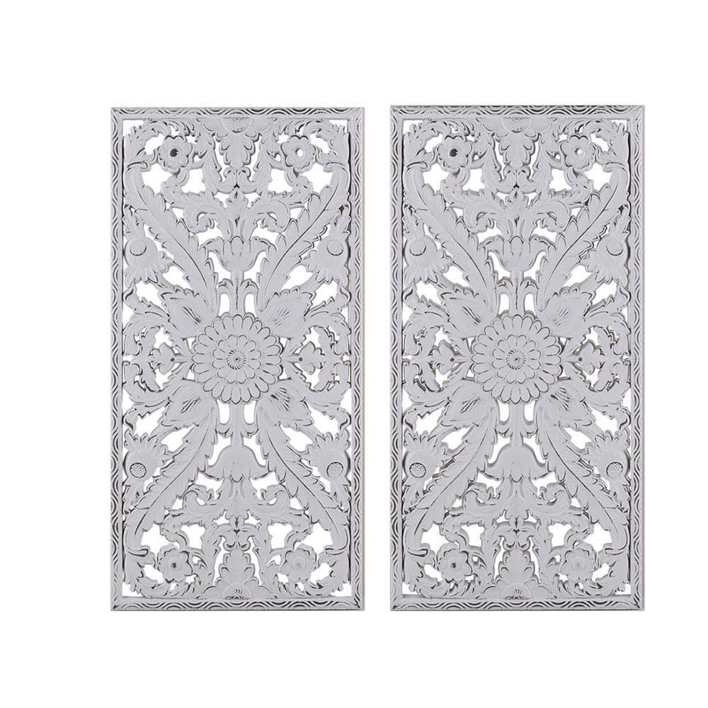 31.5 in. x 15.75 in. White Carved Wood 2-Piece Wall Decor Set - Exquisite Lotus Flower Pattern Wall Art -  Vsmile, HD590044M