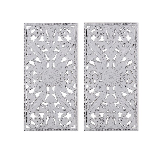 Vsmile 31.5 in. x 15.75 in. White Carved Wood 2-Piece Wall Decor Set - Exquisite Lotus Flower Pattern Wall Art