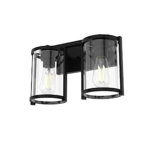 Astwood 15.5 in. 2-Light Matte Black Vanity Light with Clear Glass Shades Bathroom Light