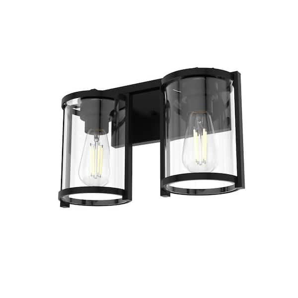 Astwood 15.5 in. 2-Light Matte Black Vanity Light with Clear Glass Shades Bathroom Light