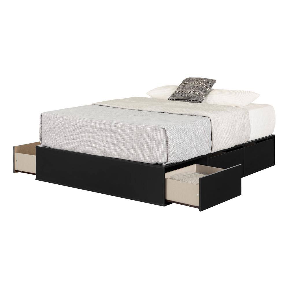 Queen Pure Black Wood Frame Upholstered Platform Bed with 6 Drawers