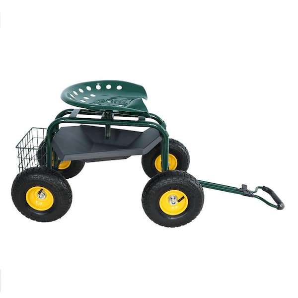 SUNRINX 1 cu. ft. Steel Rolling Garden Cart with Tool Tray and 360 Swivel Seat