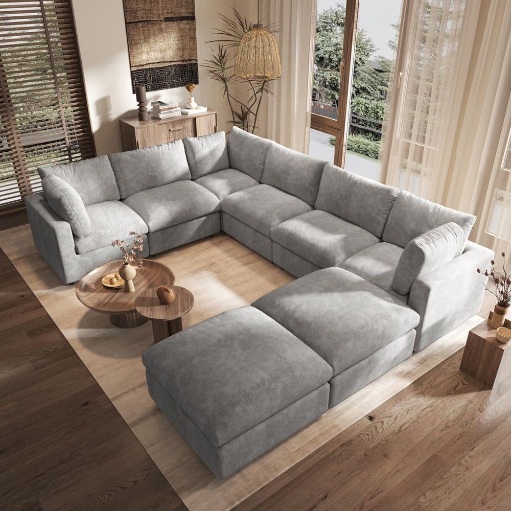 134 in. Square Arm Chenille 8-Piece Modular Free Combination Sectional Sofa with Removable Covers, Ottoman in Gray