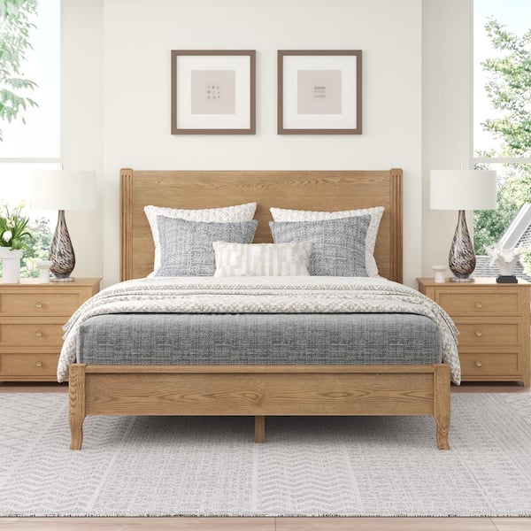 cozyman Yolo Brown Walnut Solid Red Oak Wood Frame King Size Platform Bed Frame with Headboard Wooden Slat Support