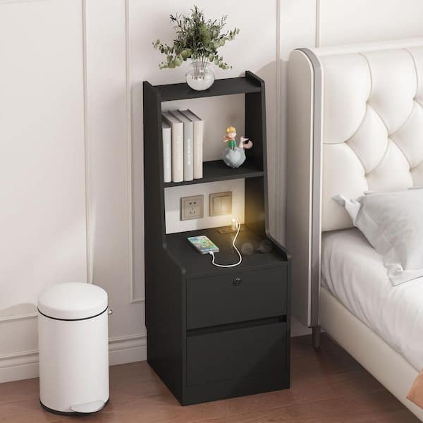 Black MDF Smart Nightstand Bedside Tables with Charging Station
