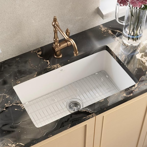 Los Flexi 32 in. Drop In/ Undermount Kitchen Sink Single Bowl, White Fireclay Undermount Kitchen Sink, Grid and Drain Kit Included