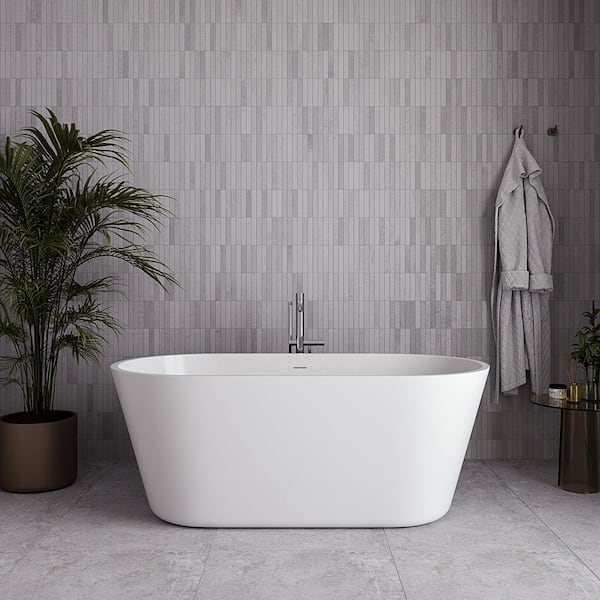 59 in. x 30 in. Acrylic Freestanding Soaking Bathtub in Glossy White with Polished Chrome Drain