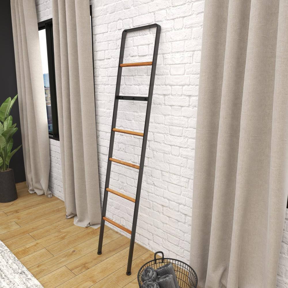 Black Metal and Wood Industrial Blanket Rack