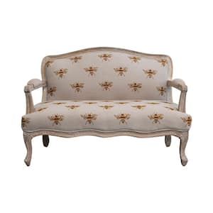 50 in. Square Arm Cotton & Linen Upholstered Rectangle with Mango Wood Frame and Embroidered Bees Pattern