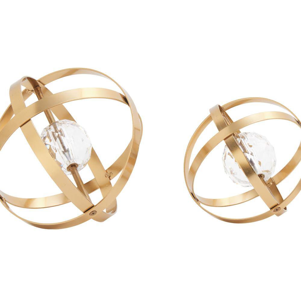 Gold Metal Geometric Sculpture Set with Crystal Center