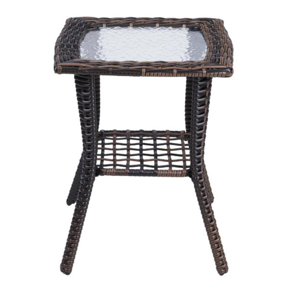 Brown Wicker and Glass Outdoor Square End Table