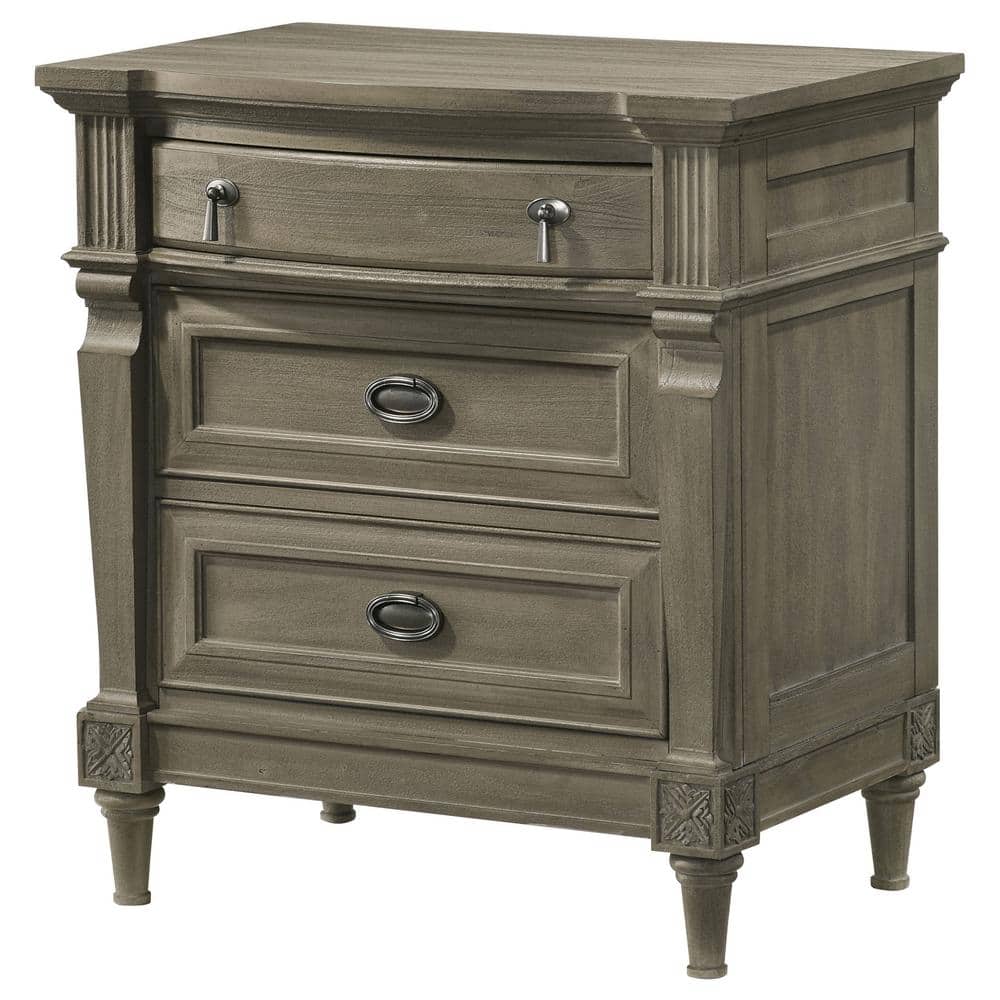 Transitional French Grey 3-Drawer Nightstand with USB Ports