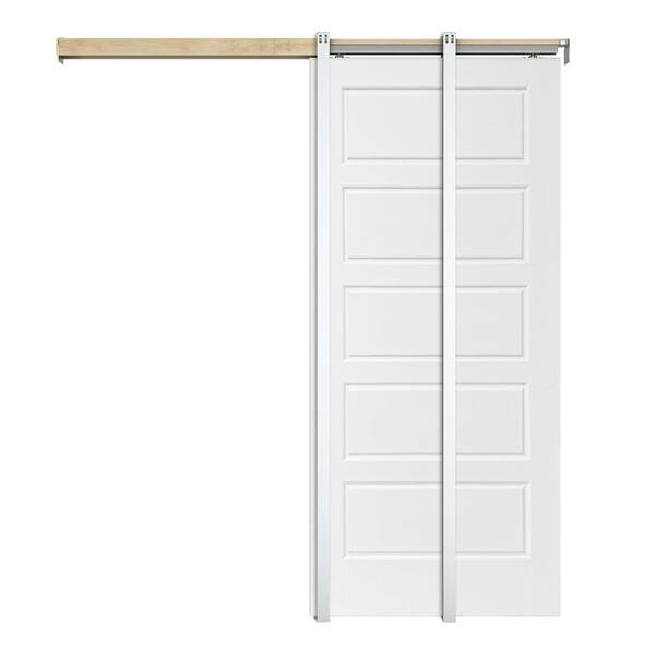 CALHOME White Primed 30 in. x 80 in. Composite MDF 5PANEL Interior Sliding Door with Pocket Door Frame and Hardware Kit