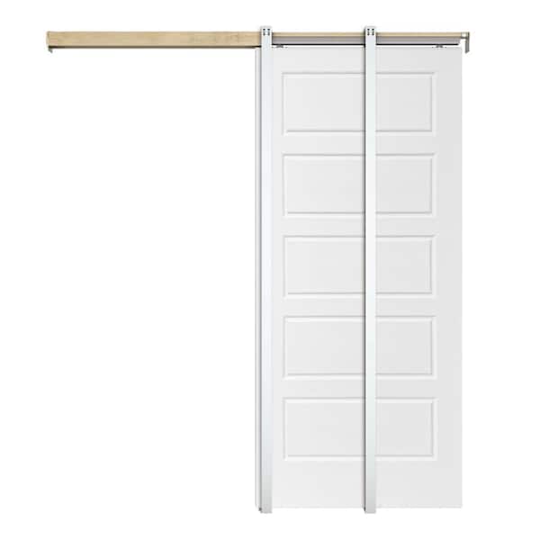 CALHOME White Primed 36 in. x 80 in.  Composite MDF 5PANEL Interior Sliding Door with Pocket Door Frame and Hardware Kit