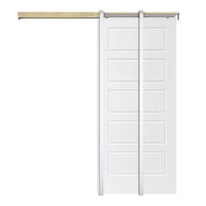 White Primed 30 in. x 80 in. Composite MDF 5PANEL Interior Sliding Door with Pocket Door Frame and Hardware Kit