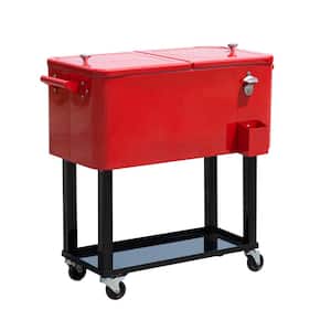 80 QT Rolling Ice Chest Portable Patio Party Drink Cooler Cart, Red